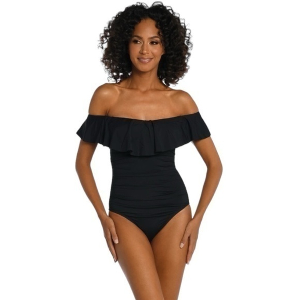 La Blanca Island Goddess Off Shoulder Ruffle One Piece - Black Size 6 NWT